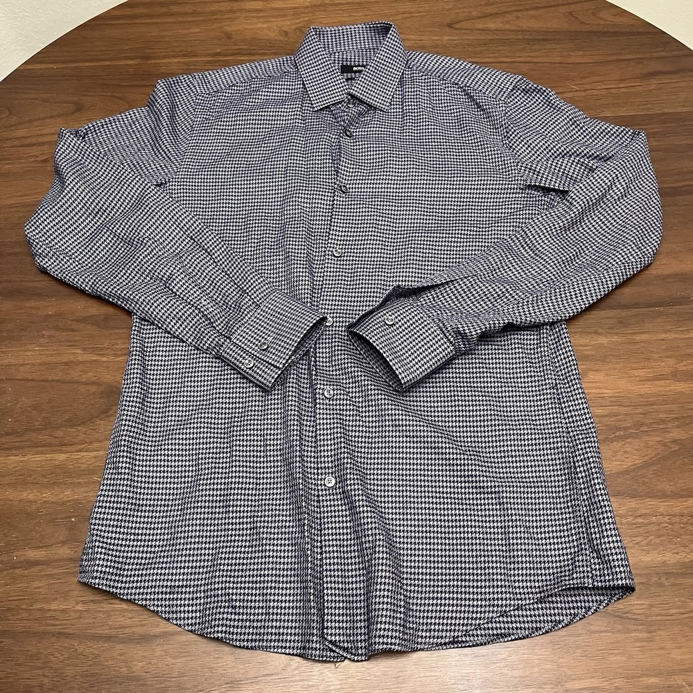 Hugo Boss Slim Fit Men's M Dark Blue Sharp Fit Casual Shirt Houndstooth